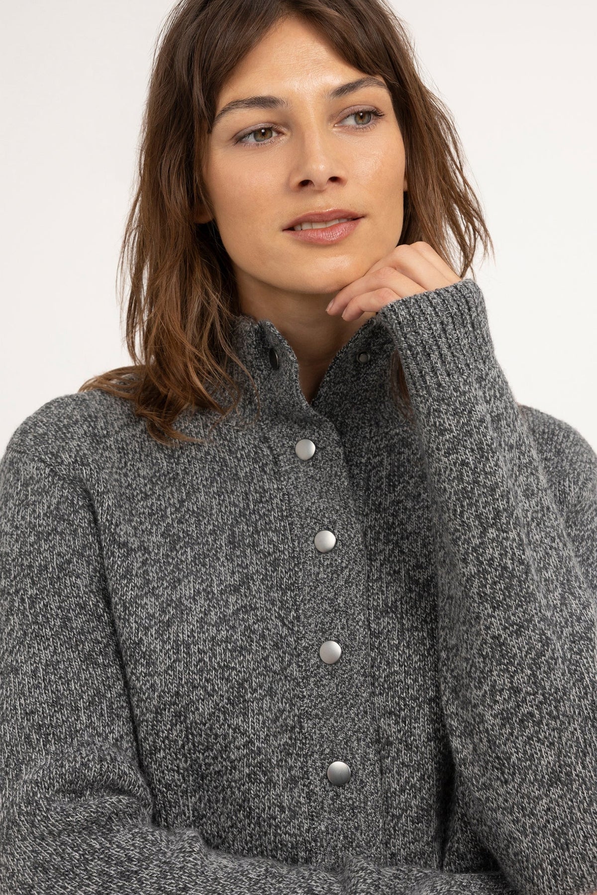 Yaya Dark Anthracite Melange Button Cardigan 01-010179-610, close-up on model