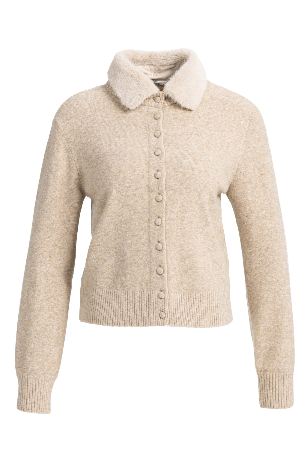 Yaya Light Beige Melange Detachable Collar Cardigan 01-010185-610, front view with faux fur collar