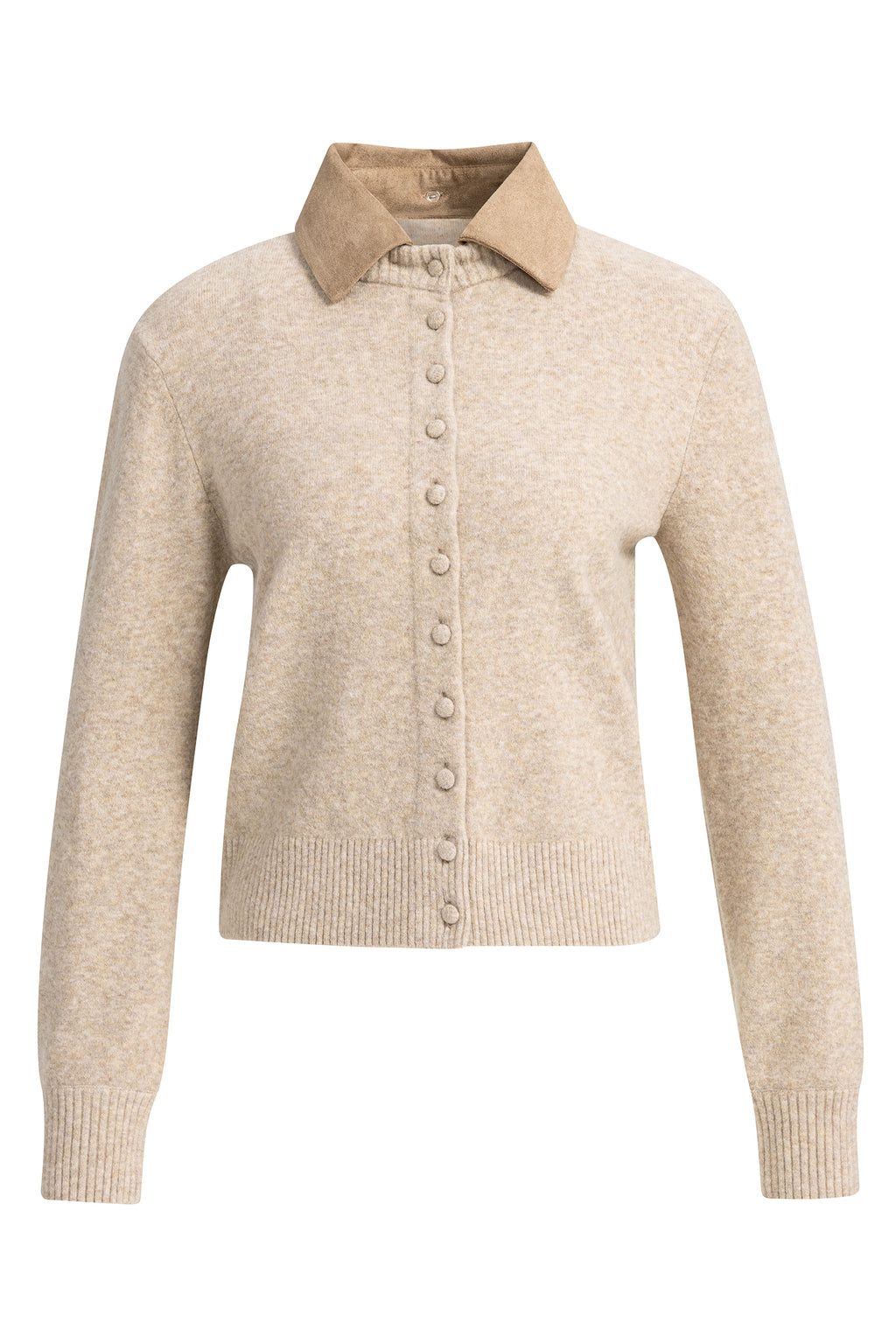 Yaya Light Beige Melange Detachable Collar Cardigan 01-010185-610, front view with suede-look collar