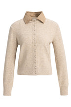 Yaya Light Beige Melange Detachable Collar Cardigan 01-010185-610, front view with suede-look collar