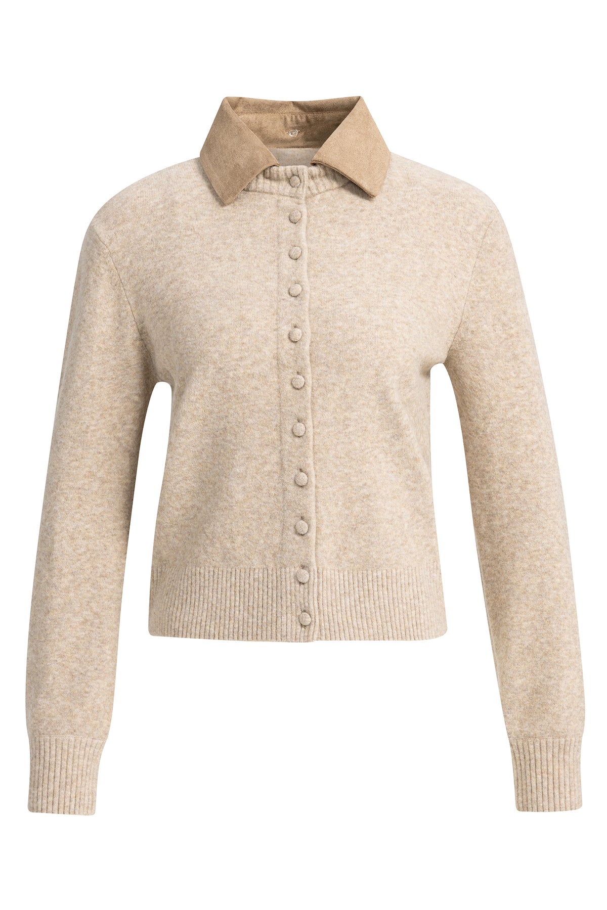 Yaya Light Beige Melange Detachable Collar Cardigan 01-010185-610, front view with suede-look collar