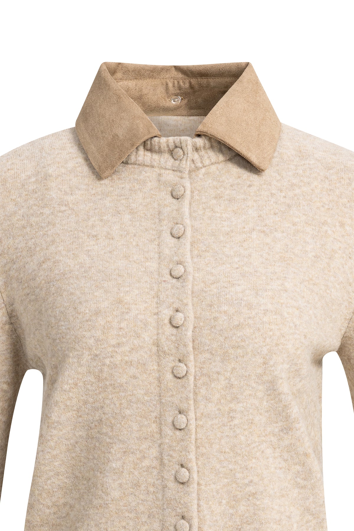 Yaya Light Beige Melange Detachable Collar Cardigan 01-010185-610, collar and button close-up