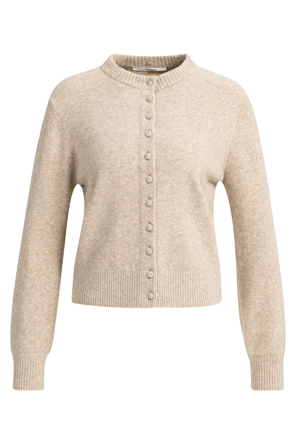 Yaya Light Beige Melange Detachable Collar Cardigan 01-010185-610, front view without collar