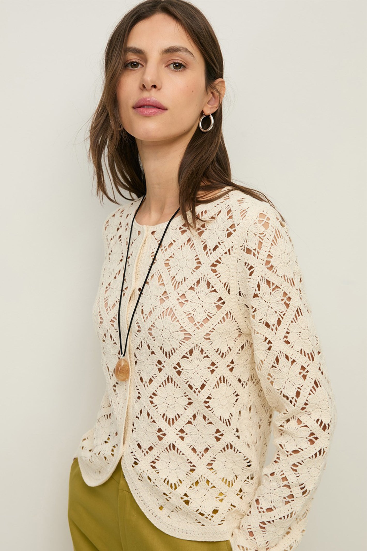 Yerse 44548 Ecru Cream Cotton Mix Crochet Knit Cardigan