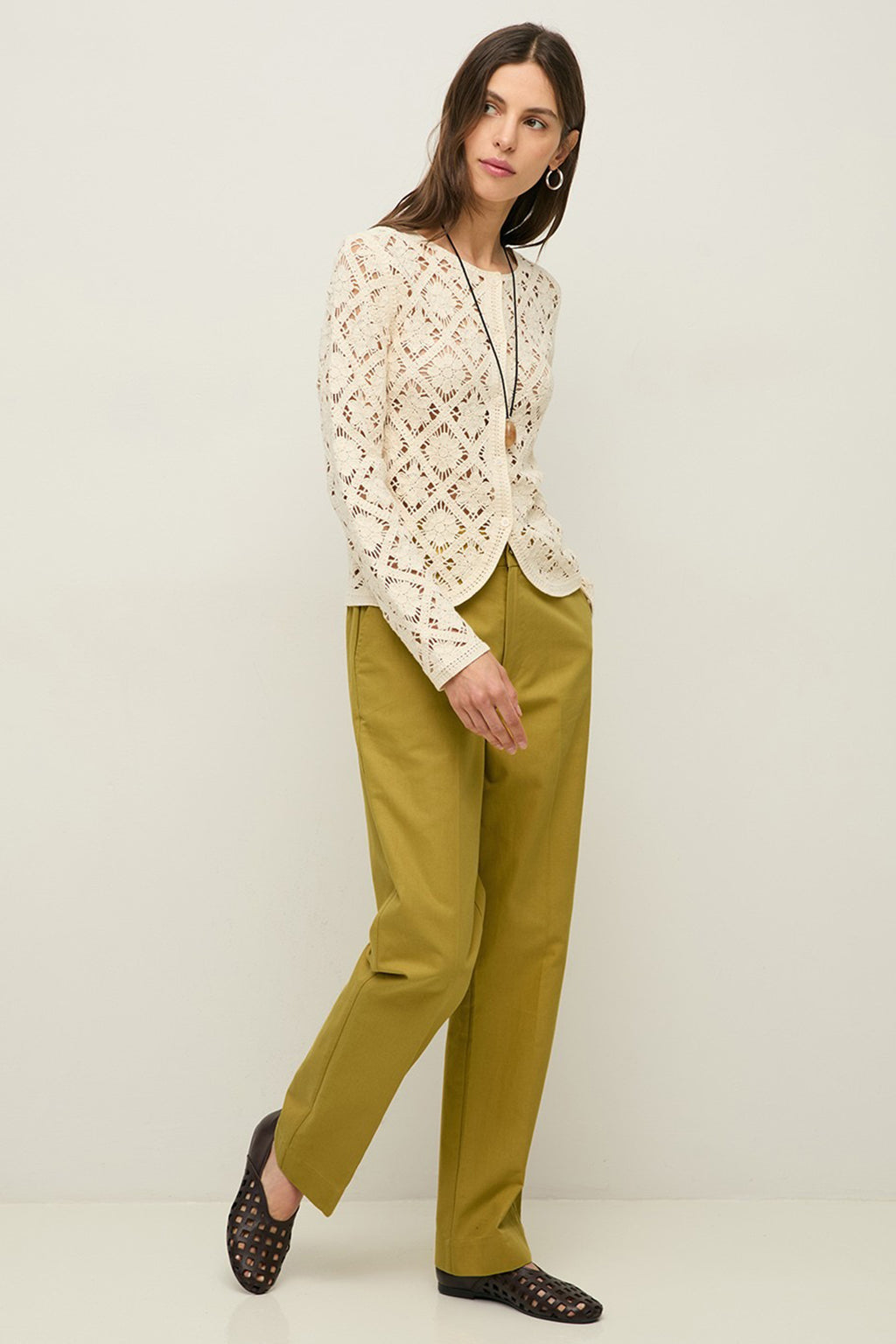 Yerse 44548 Ecru Cream Cotton Mix Crochet Knit Cardigan