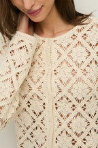 Yerse 44548 Ecru Cream Cotton Mix Crochet Knit Cardigan