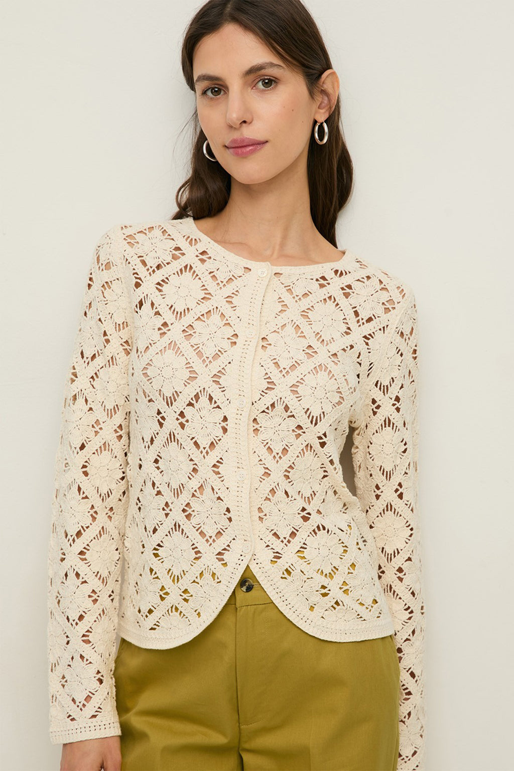 Yerse 44548 Ecru Cream Cotton Mix Crochet Knit Cardigan
