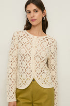 Yerse 44548 Ecru Cream Cotton Mix Crochet Knit Cardigan