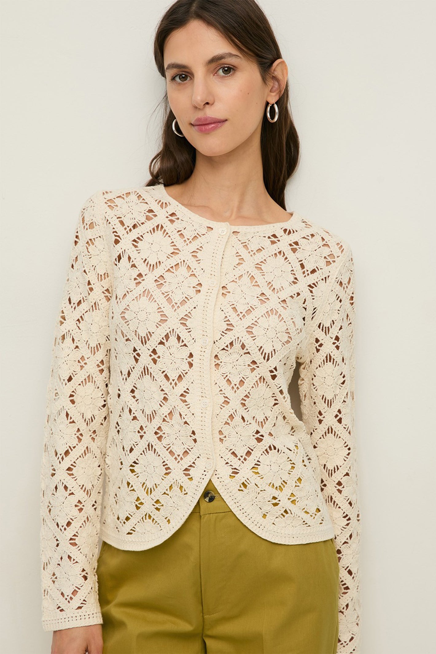 Yerse 44548 Ecru Cream Cotton Mix Crochet Knit Cardigan