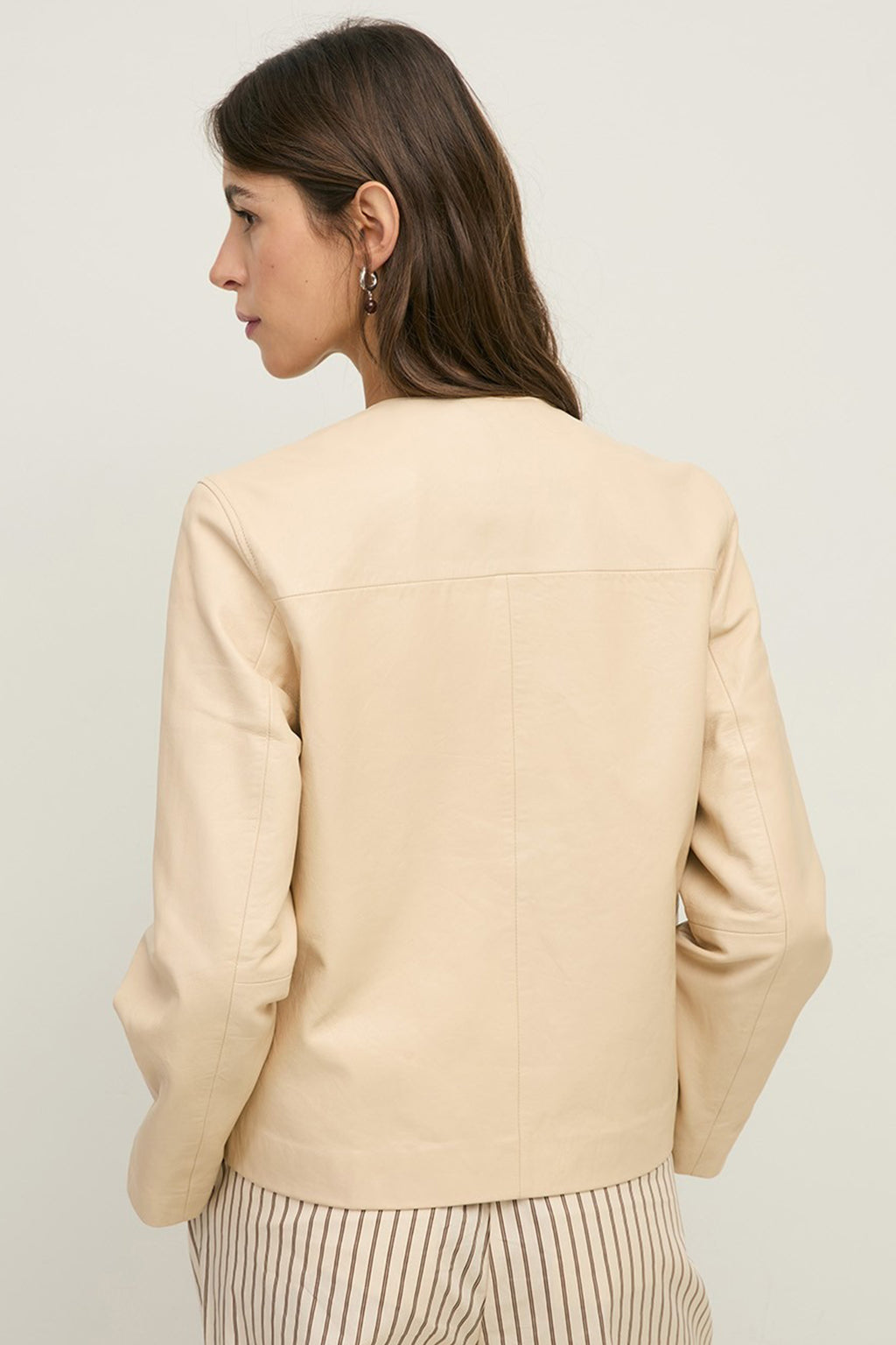 Yerse 44809 Ecru Cream Collarless Leather Jacket