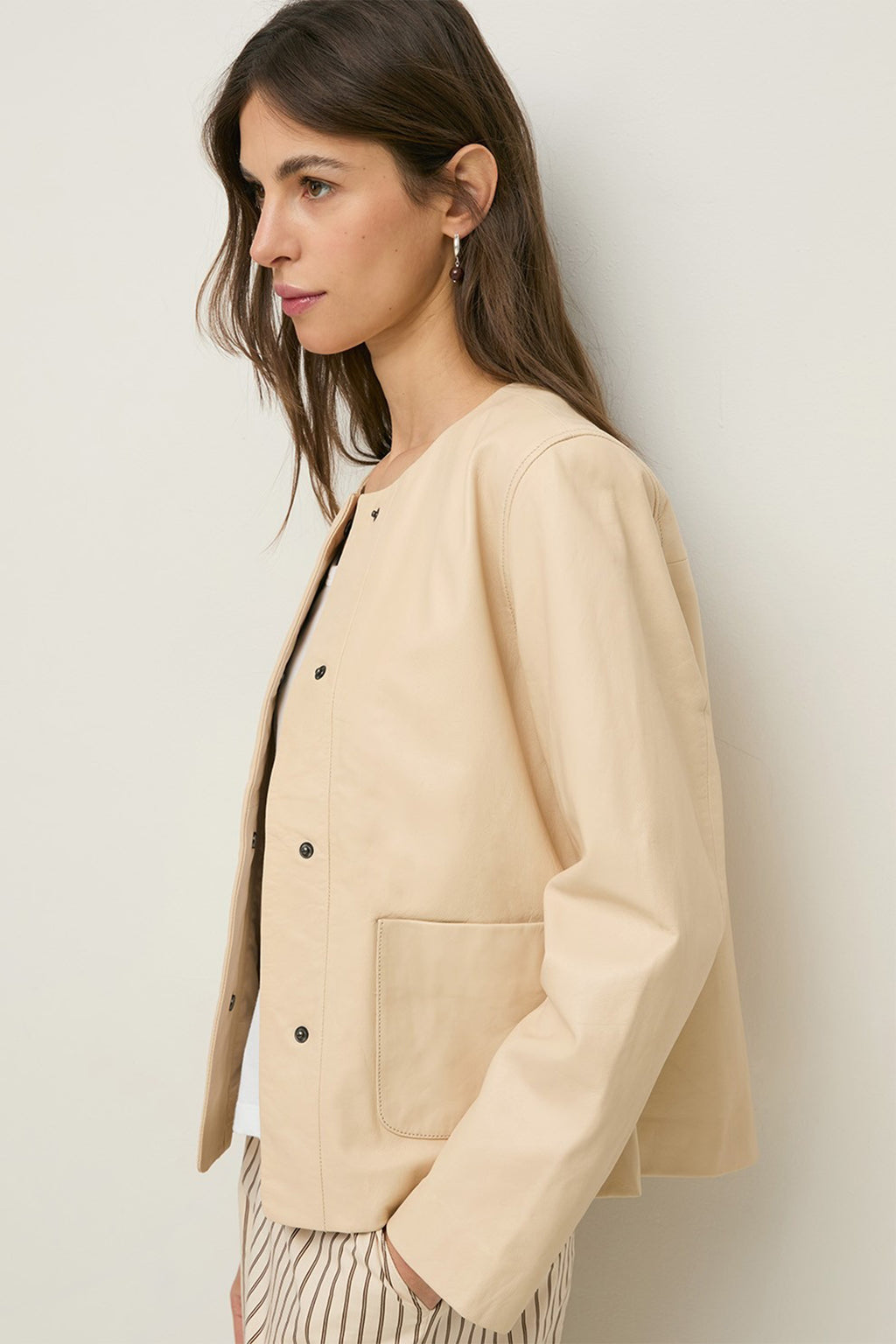 Yerse 44809 Ecru Cream Collarless Leather Jacket