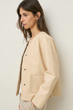 Yerse 44809 Ecru Cream Collarless Leather Jacket