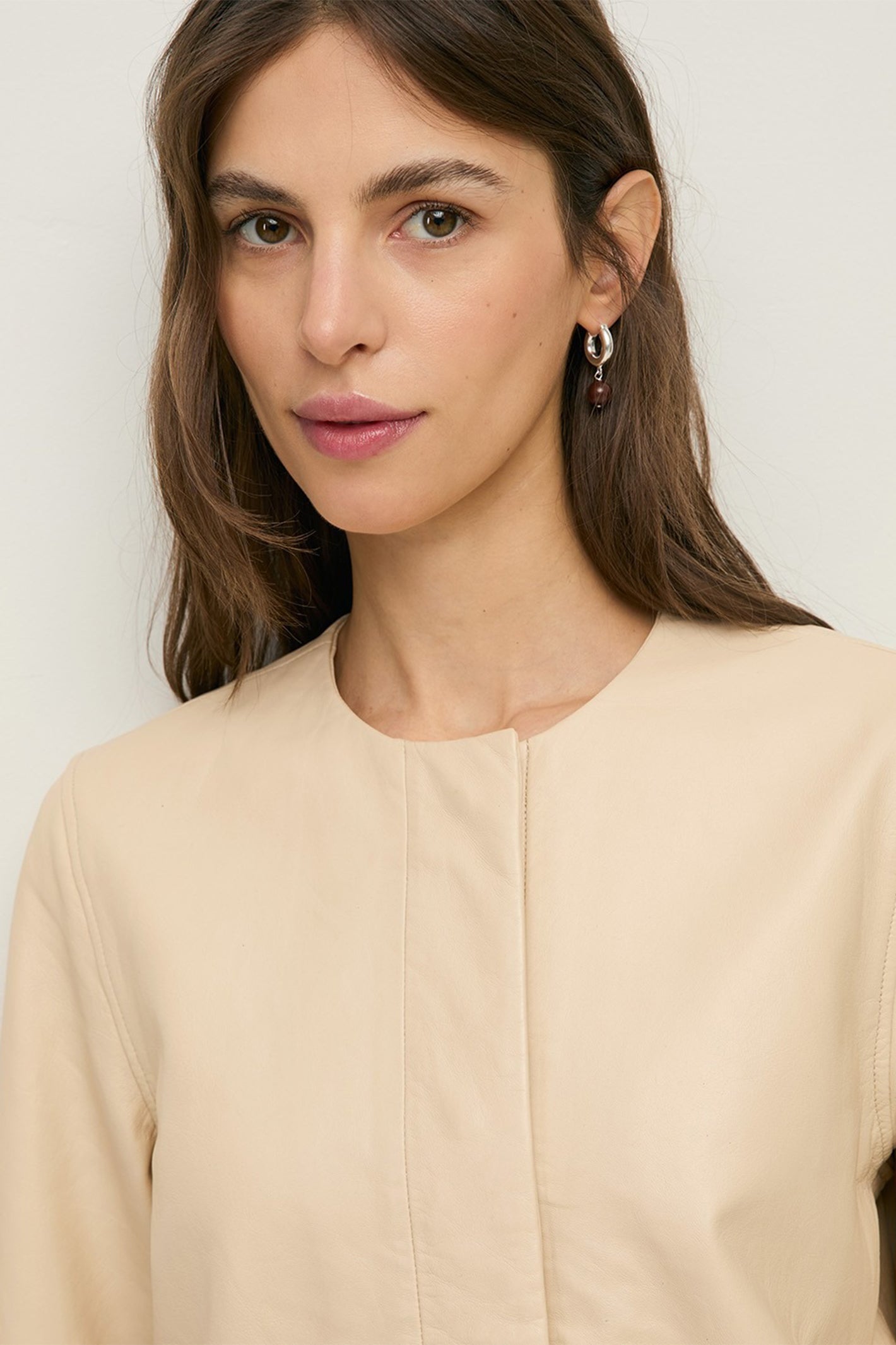 Yerse 44809 Ecru Cream Collarless Leather Jacket