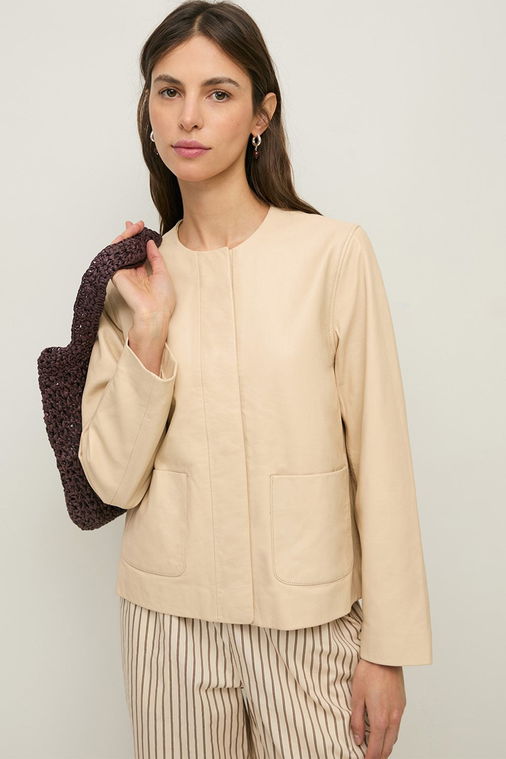 Yerse 44809 Ecru Cream Collarless Leather Jacket