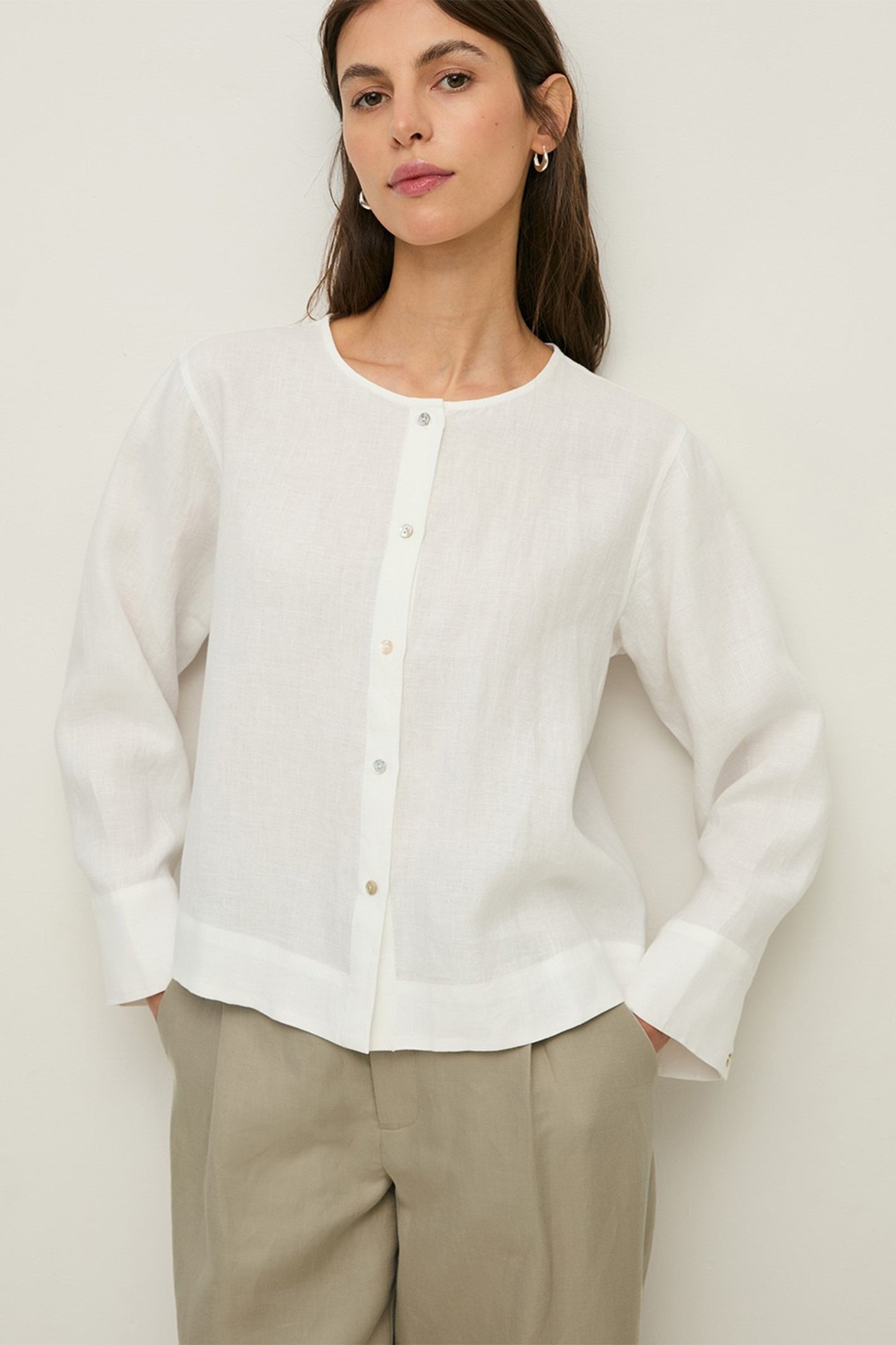 Yerse 44854 White Hemp Round Neck Blouse