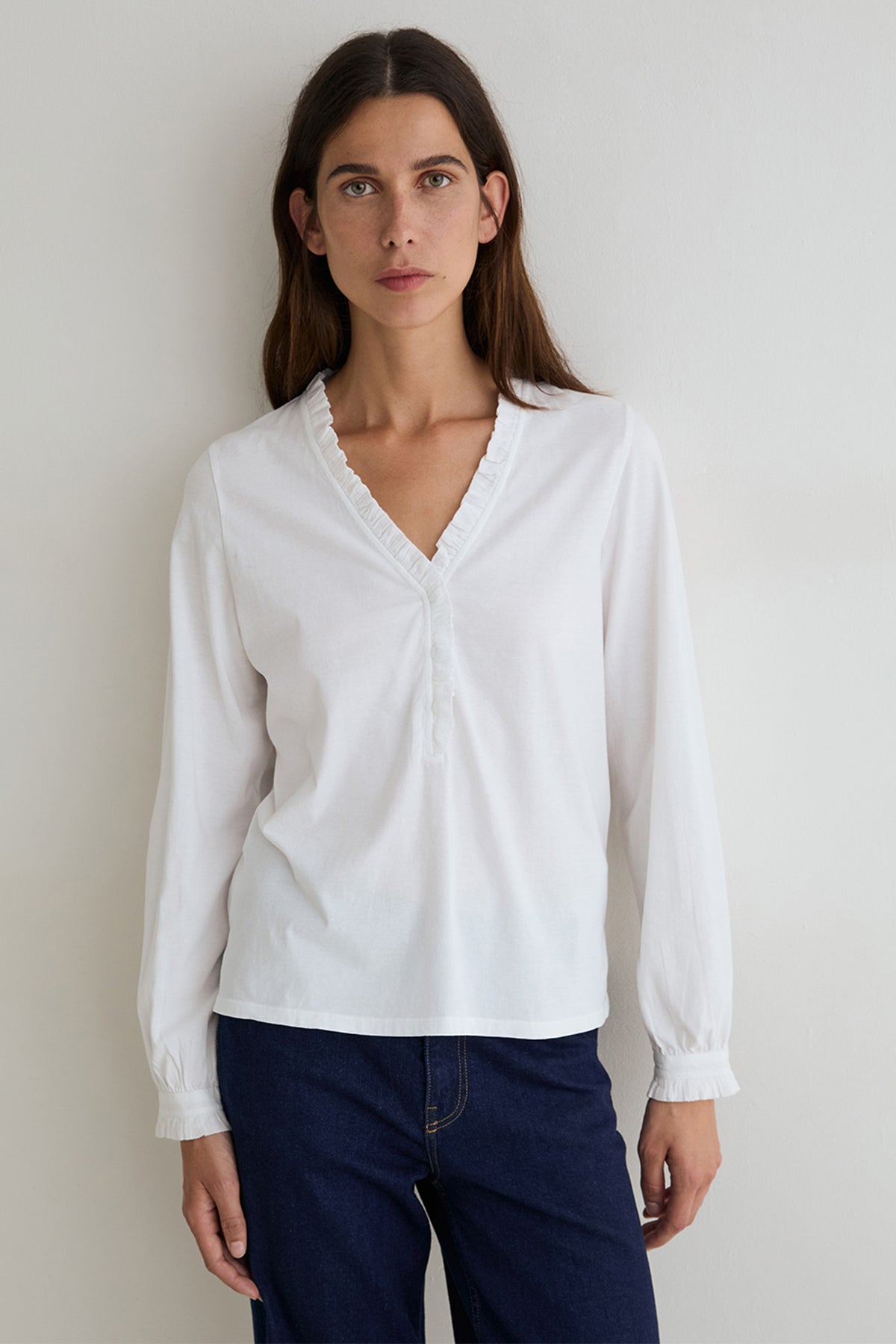 Yerse Chantal Volantes White Ruffle Neck Blouse 45163, front view