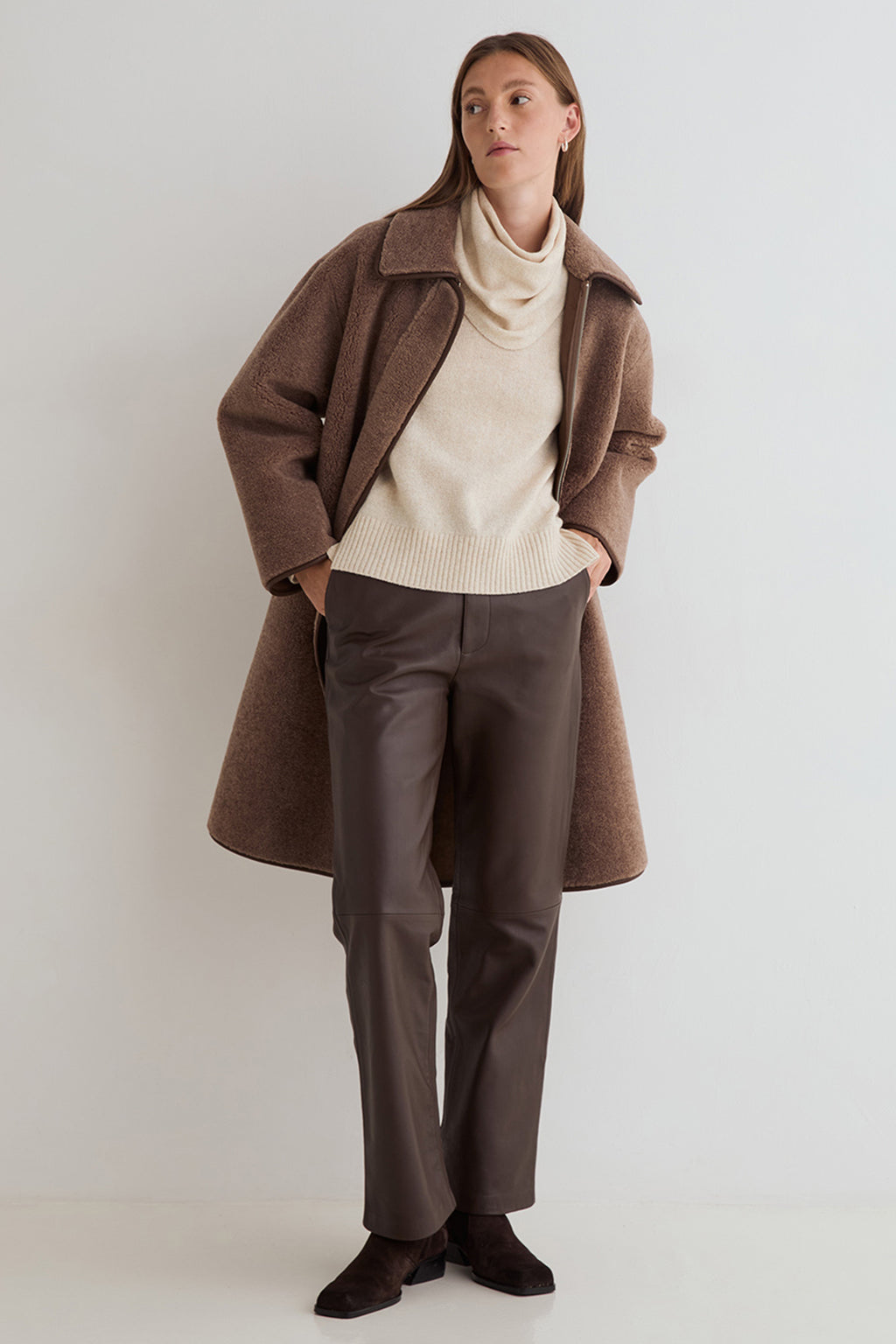 Yerse Daff Crudo Beige Cowl Neck Jumper 45532, full-length view layered under a coat