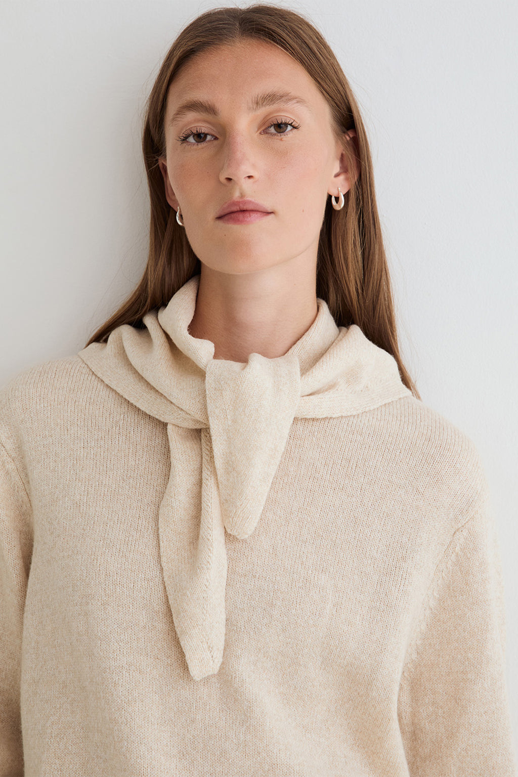 Yerse Daff Crudo Beige Cowl Neck Jumper 45532, front view with the cowl tied