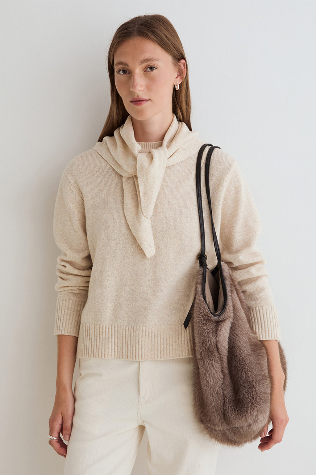 Yerse Daff Crudo Beige Cowl Neck Jumper 45532, styled with a bag