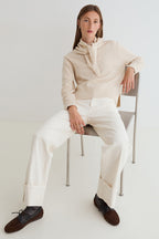 Yerse Daff Crudo Beige Cowl Neck Jumper 45532, seated styled view