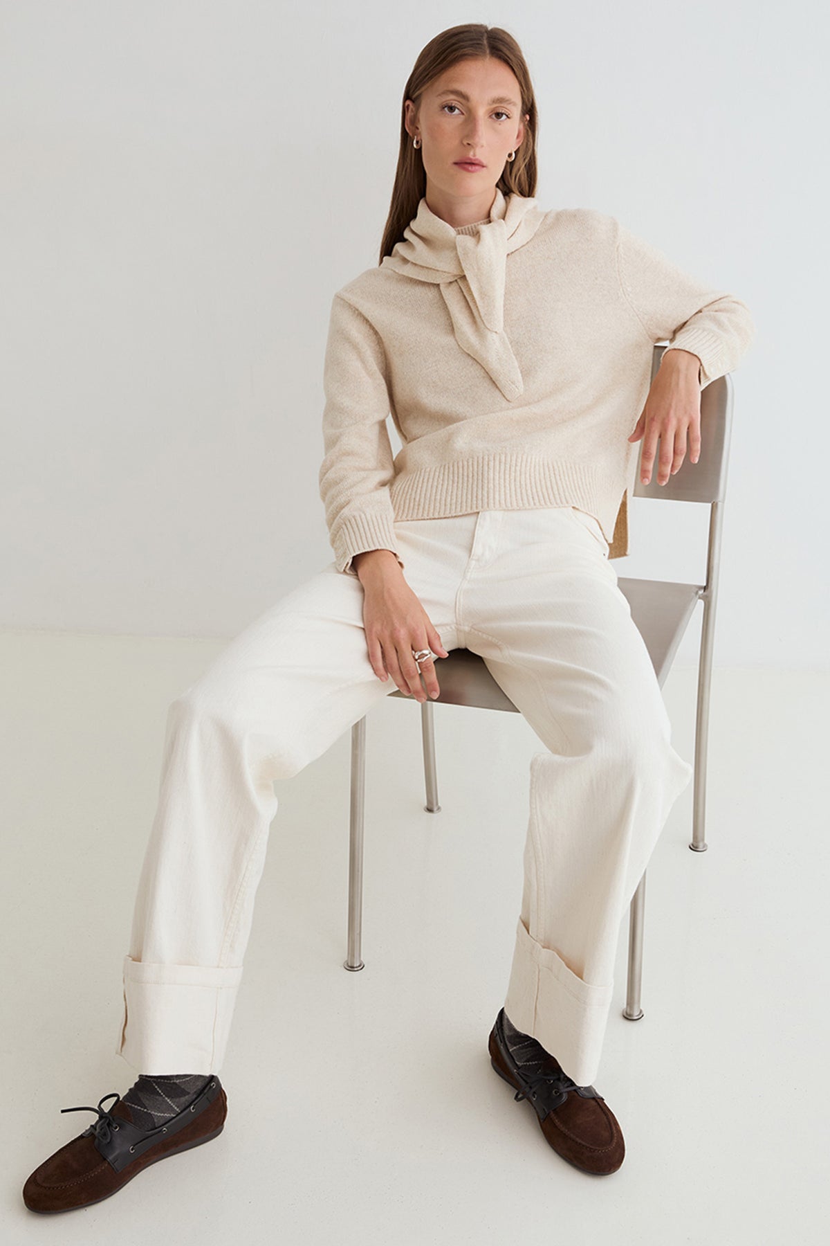Yerse Daff Crudo Beige Cowl Neck Jumper 45532, seated styled view