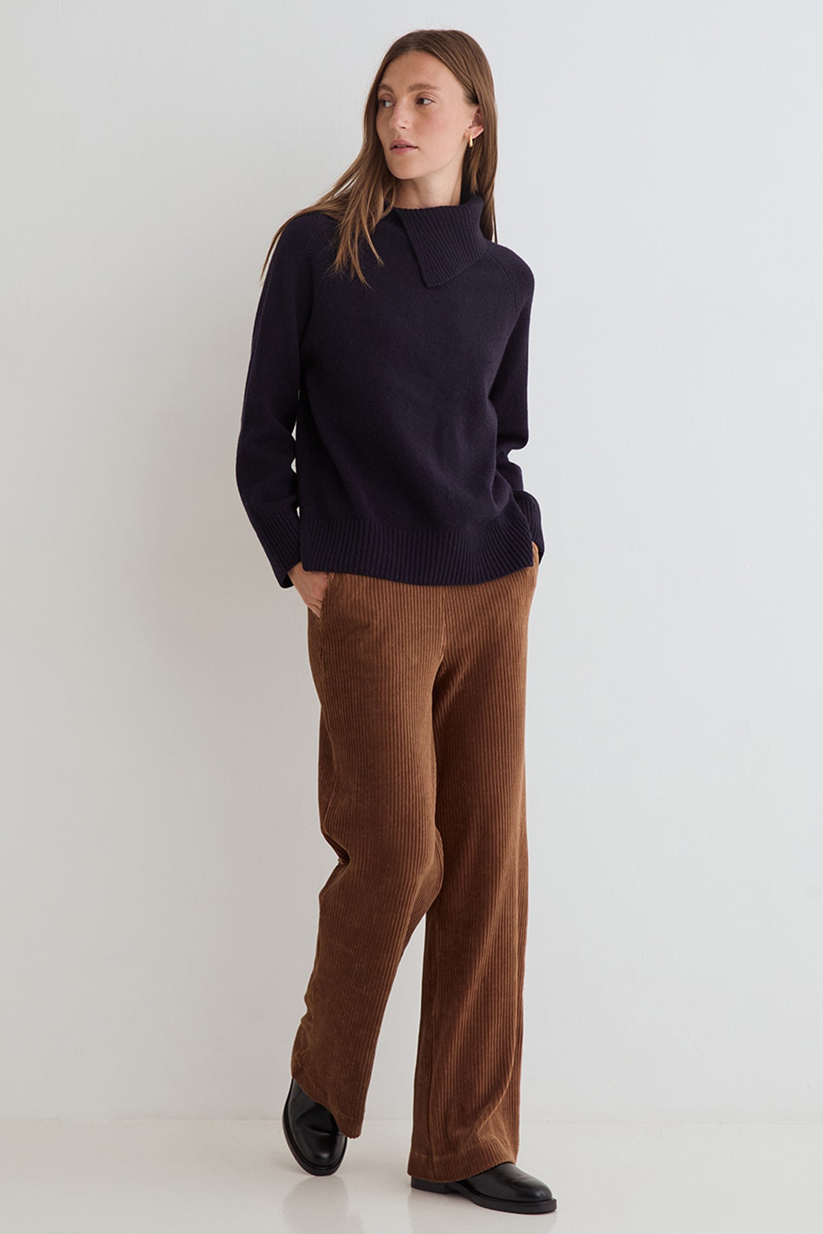 Yerse Dobra Camel Cord Wide Leg Trousers 45455, front view, hands in pockets