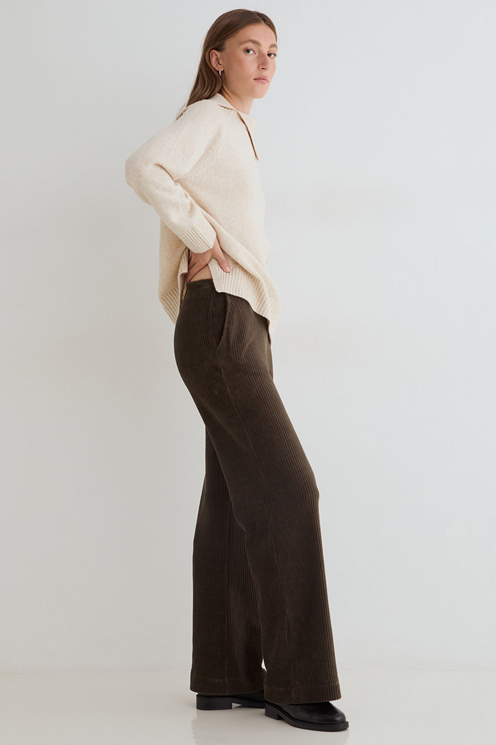 Yerse Dobra Khaki Cord Wide Leg Trousers 45455, side view