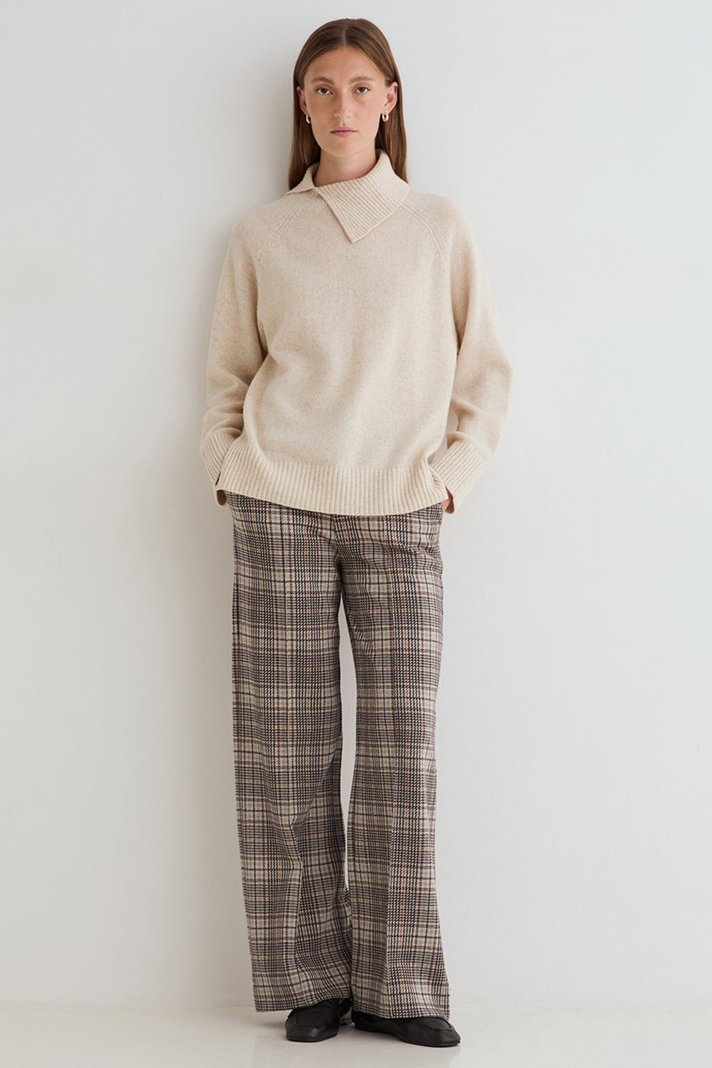 Yerse Harriet Beige Check Wide Leg Trousers 45422, front view