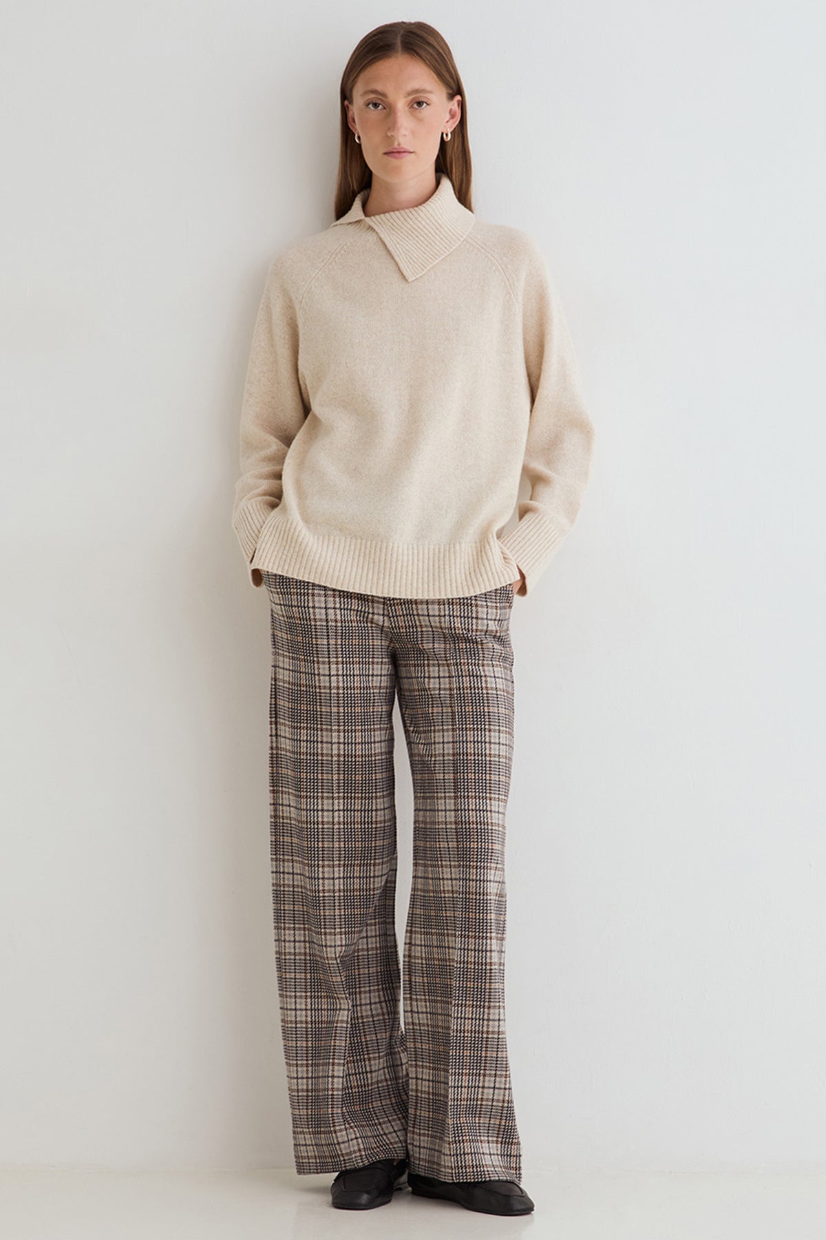 Yerse Harriet Beige Check Wide Leg Trousers 45422, front view