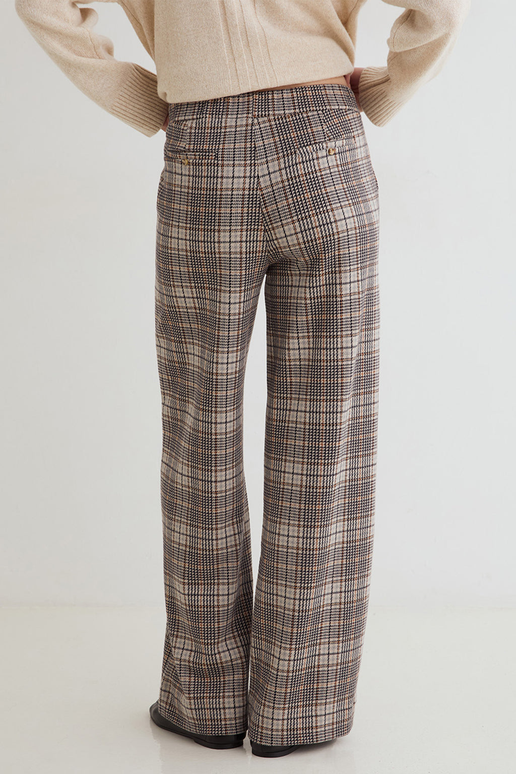 Yerse Harriet Beige Check Wide Leg Trousers 45422, back view