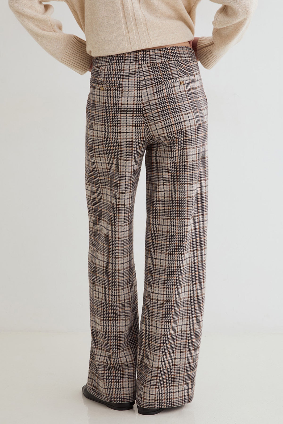 Yerse Harriet Beige Check Wide Leg Trousers 45422, back view
