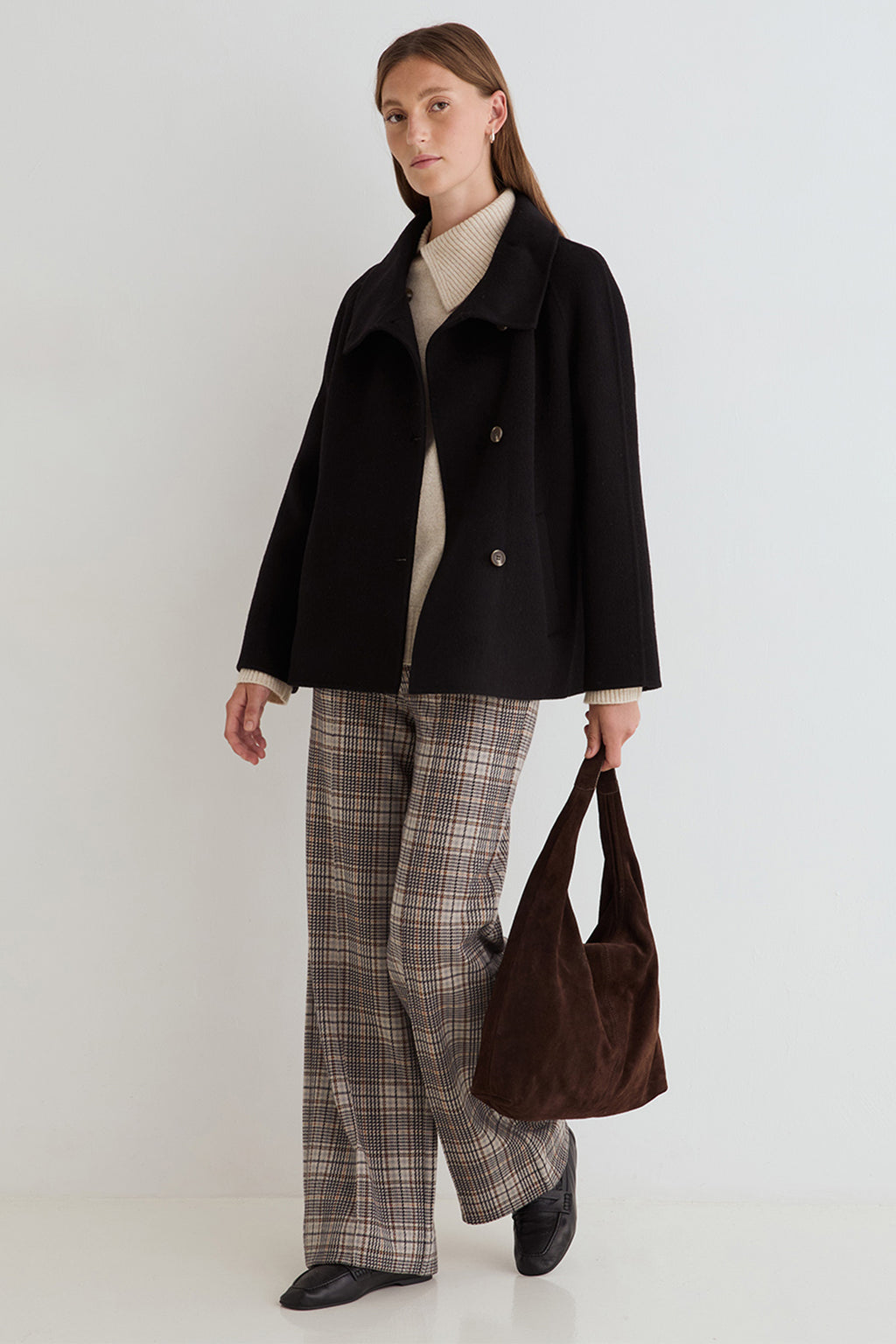 Yerse Harriet Beige Check Wide Leg Trousers 45422, styled full-length view