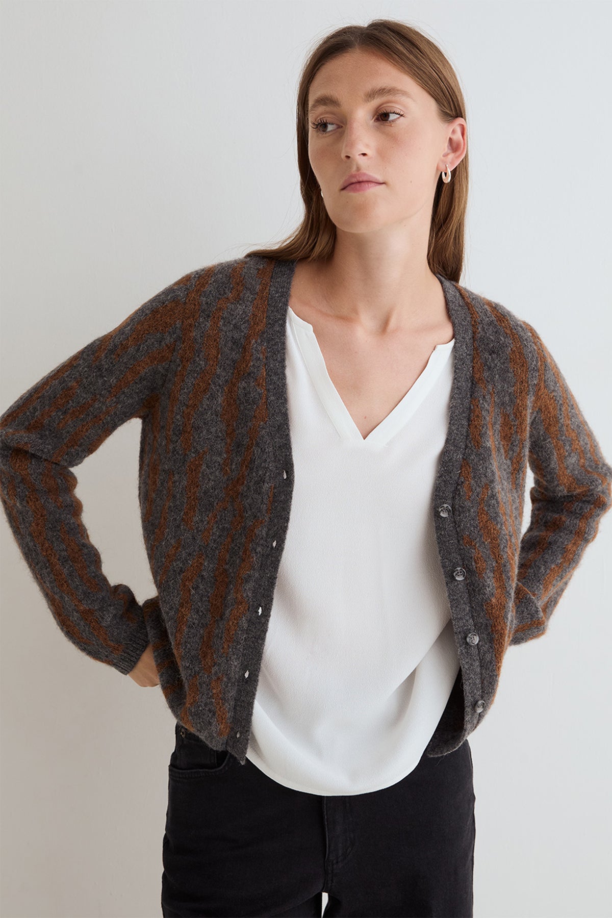 Yerse Leo Camel Grey Button Cardigan 45565, front view worn open