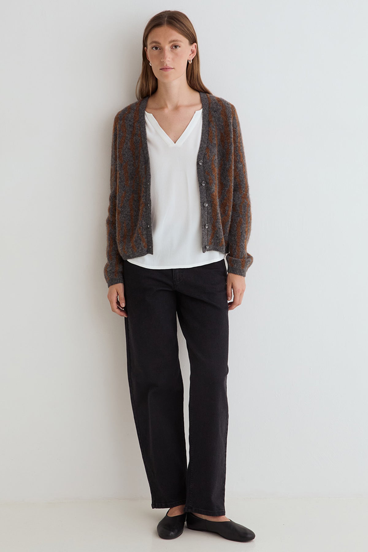 Yerse Leo Camel Grey Button Cardigan 45565, full-length view