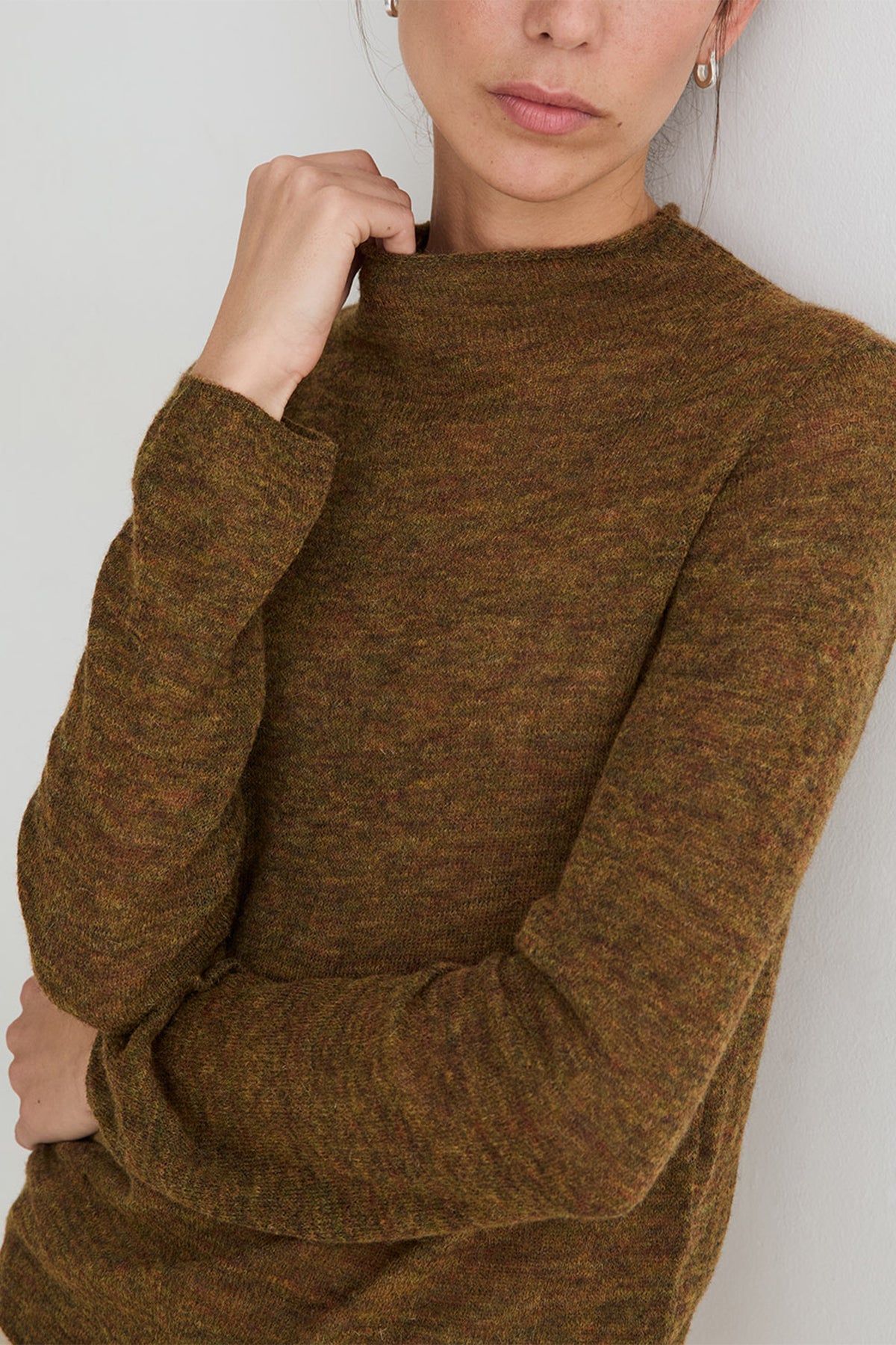 Yerse Meri Khaki Green Funnel Neck Jumper 45545, sleeve and knit detail