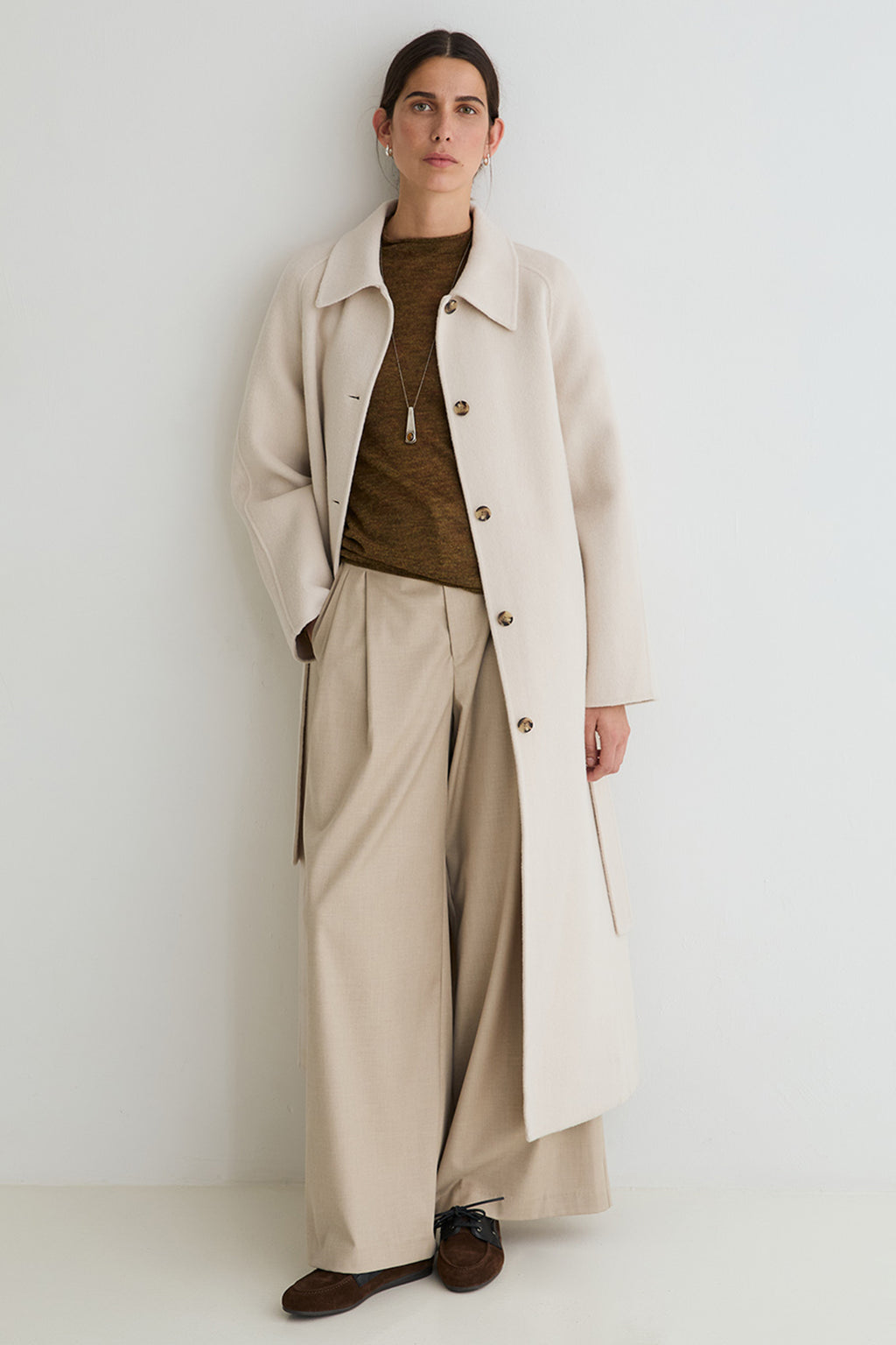 Yerse Meri Khaki Green Funnel Neck Jumper 45545, full-length view layered under a coat