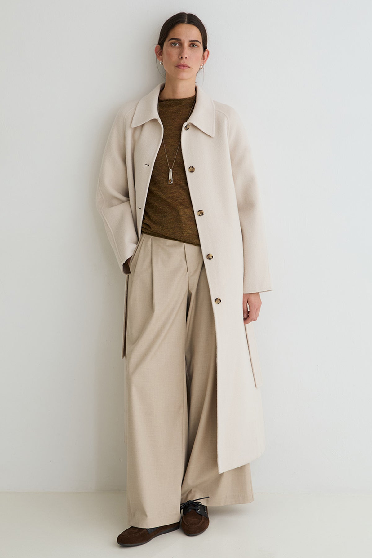 Yerse Meri Khaki Green Funnel Neck Jumper 45545, full-length view layered under a coat