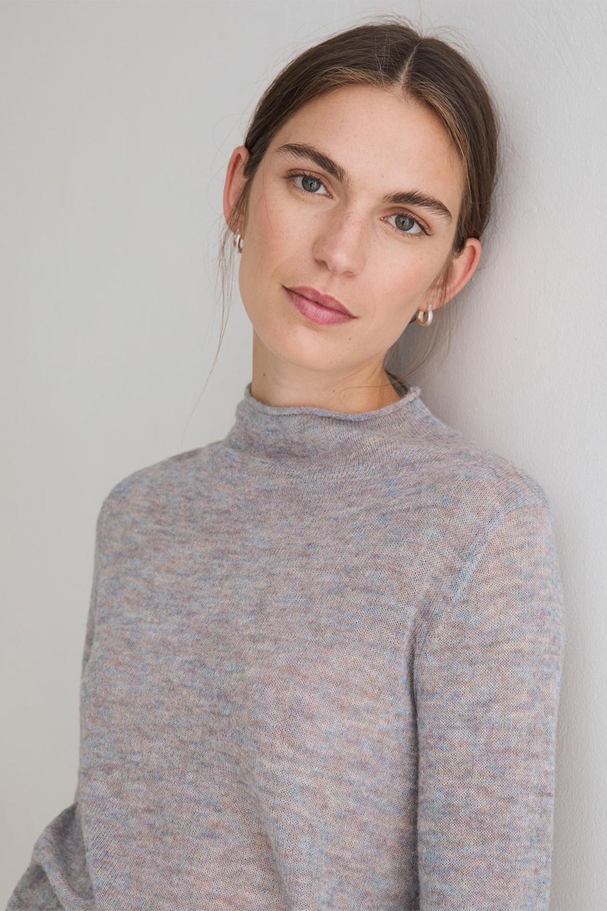 Yerse Meri Light Sky Blue Funnel Neck Jumper 45545, front close-up