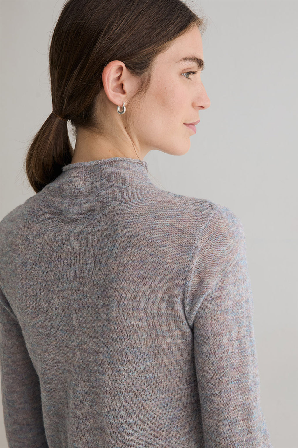 Yerse Meri Light Sky Blue Funnel Neck Jumper 45545, shoulder and neckline detail