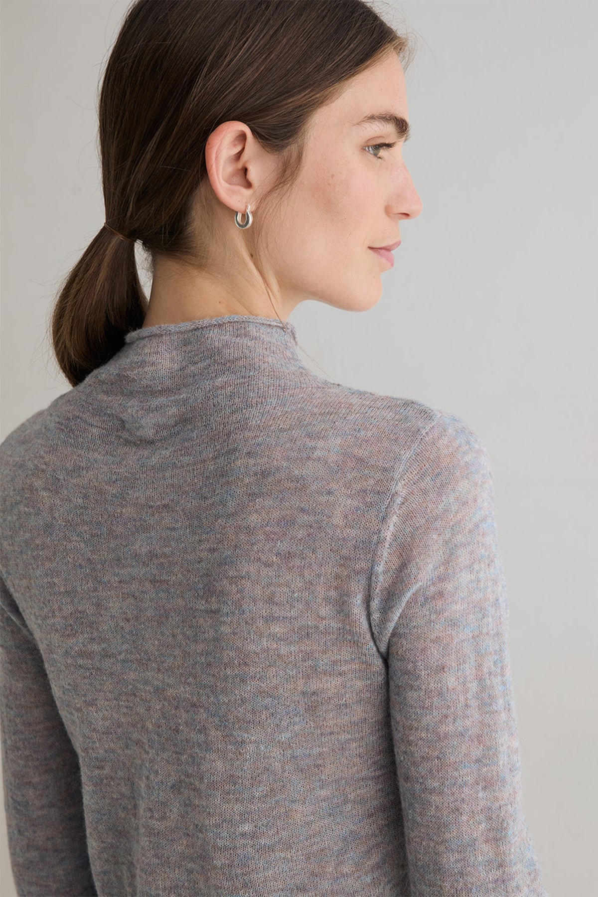 Yerse Meri Light Sky Blue Funnel Neck Jumper 45545, shoulder and neckline detail