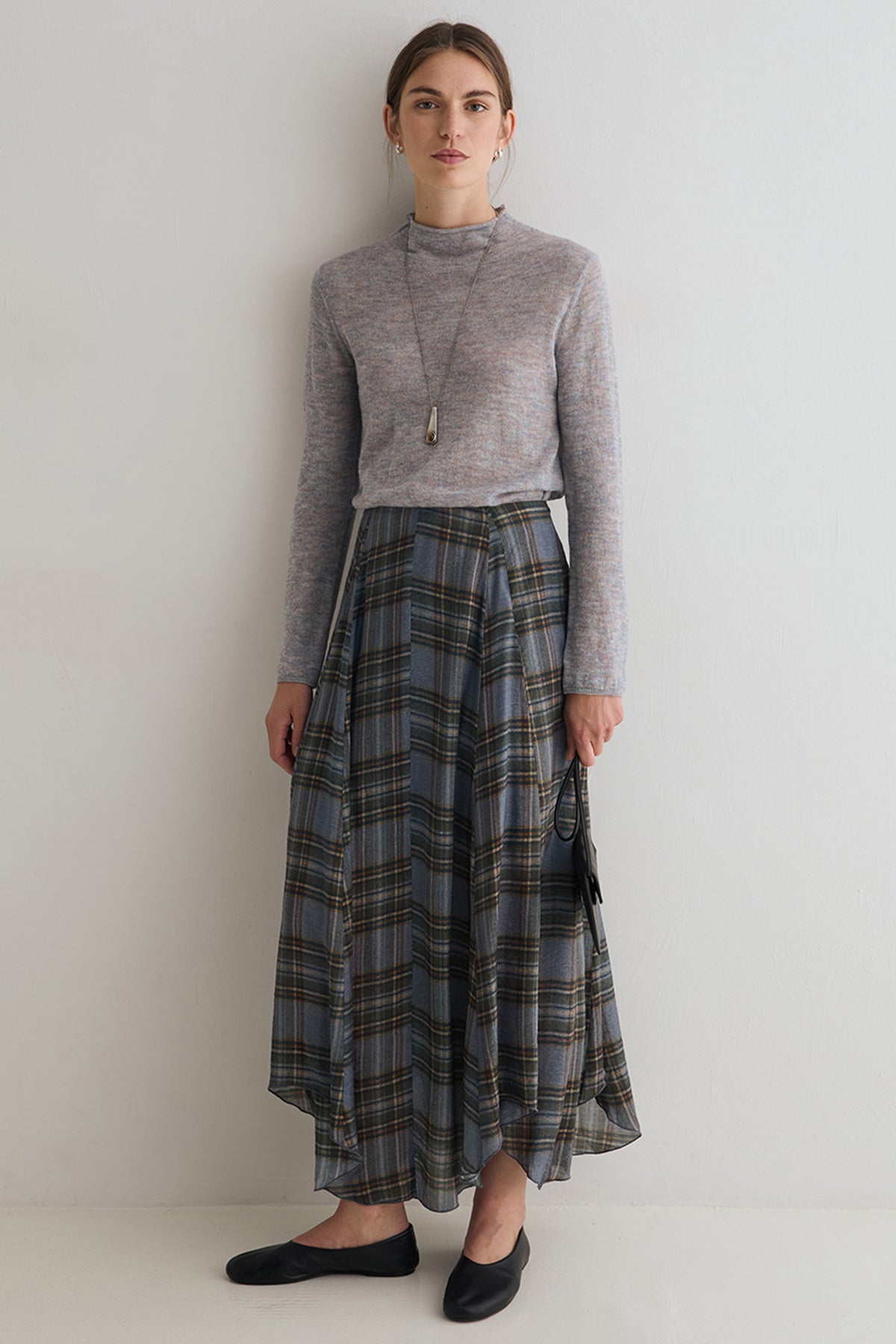 Yerse Meri Light Sky Blue Funnel Neck Jumper 45545, full-length styled view