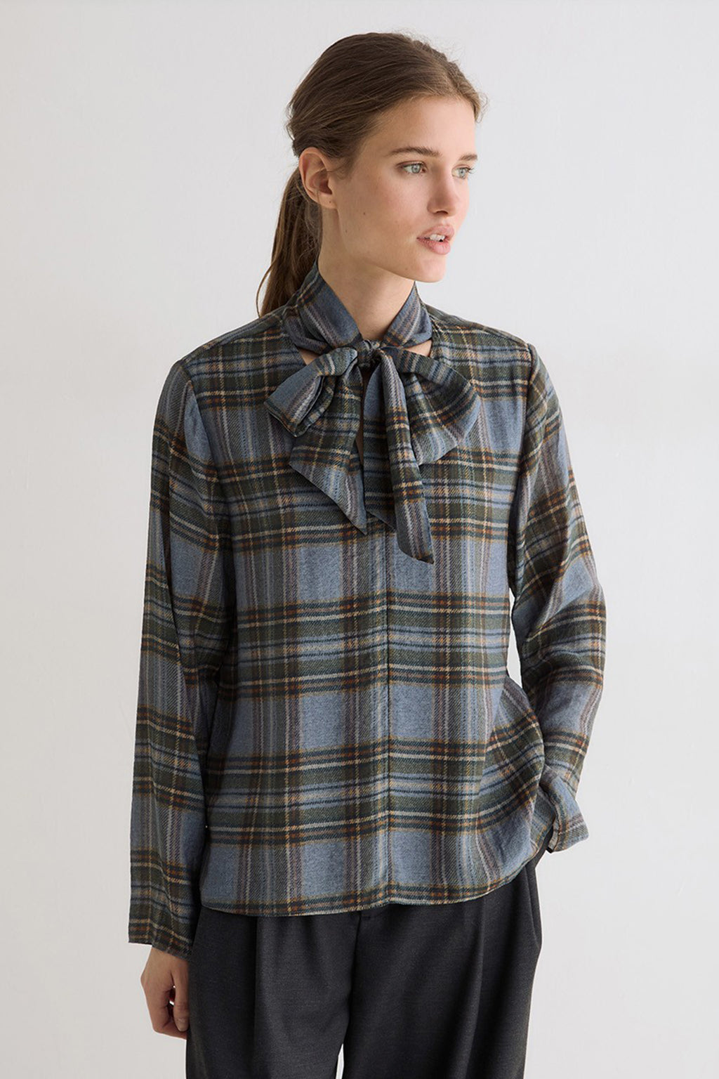 Yerse Newport Blue Check Tie Neck Top 45823, front view on model