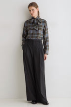 Yerse Newport Blue Check Tie Neck Top 45823, full length on model