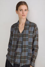 Yerse Newport Blue Check Tie Neck Top 45823, front view with tie loose