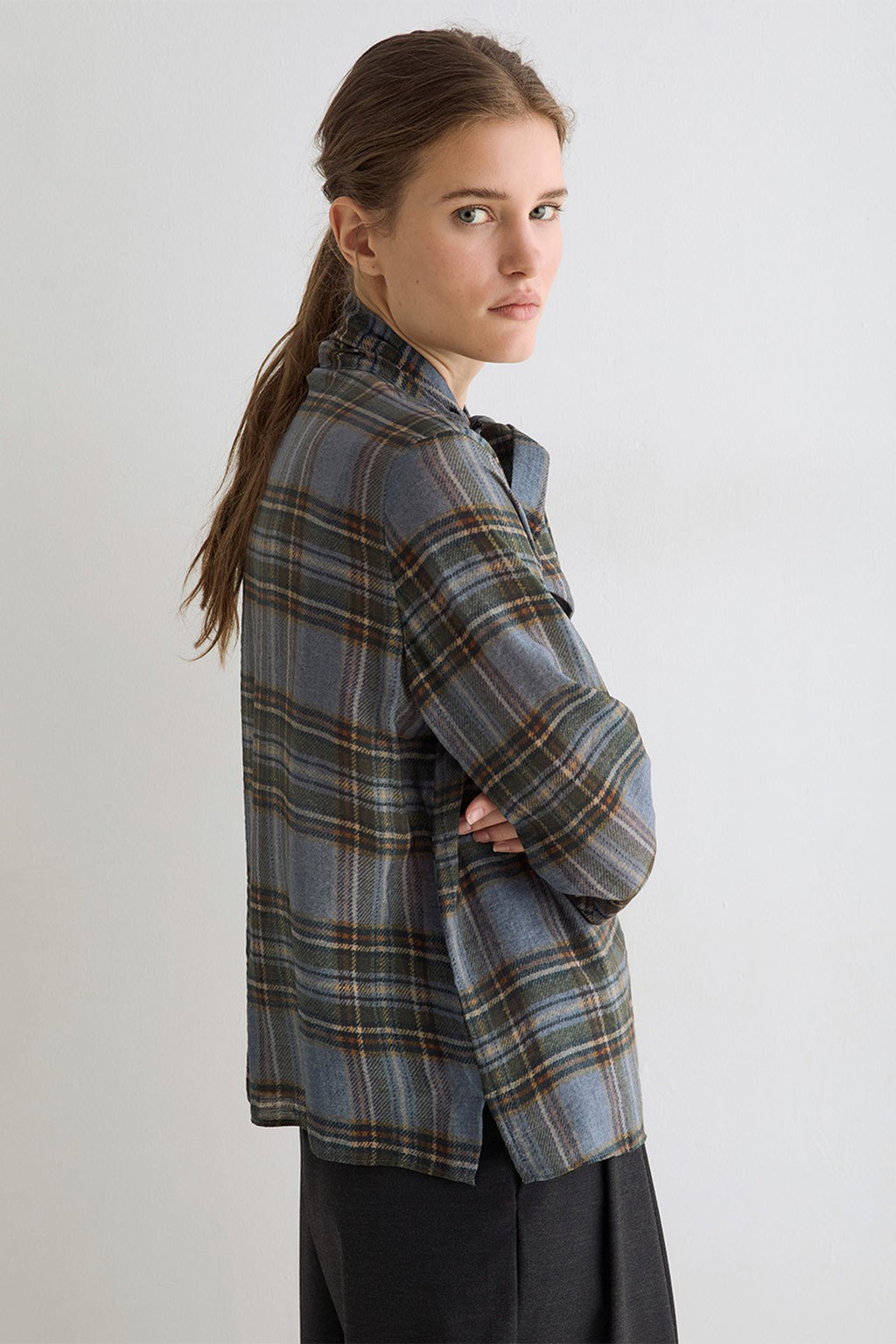 Yerse Newport Blue Check Tie Neck Top 45823, side view on model