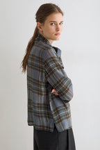 Yerse Newport Blue Check Tie Neck Top 45823, side view on model