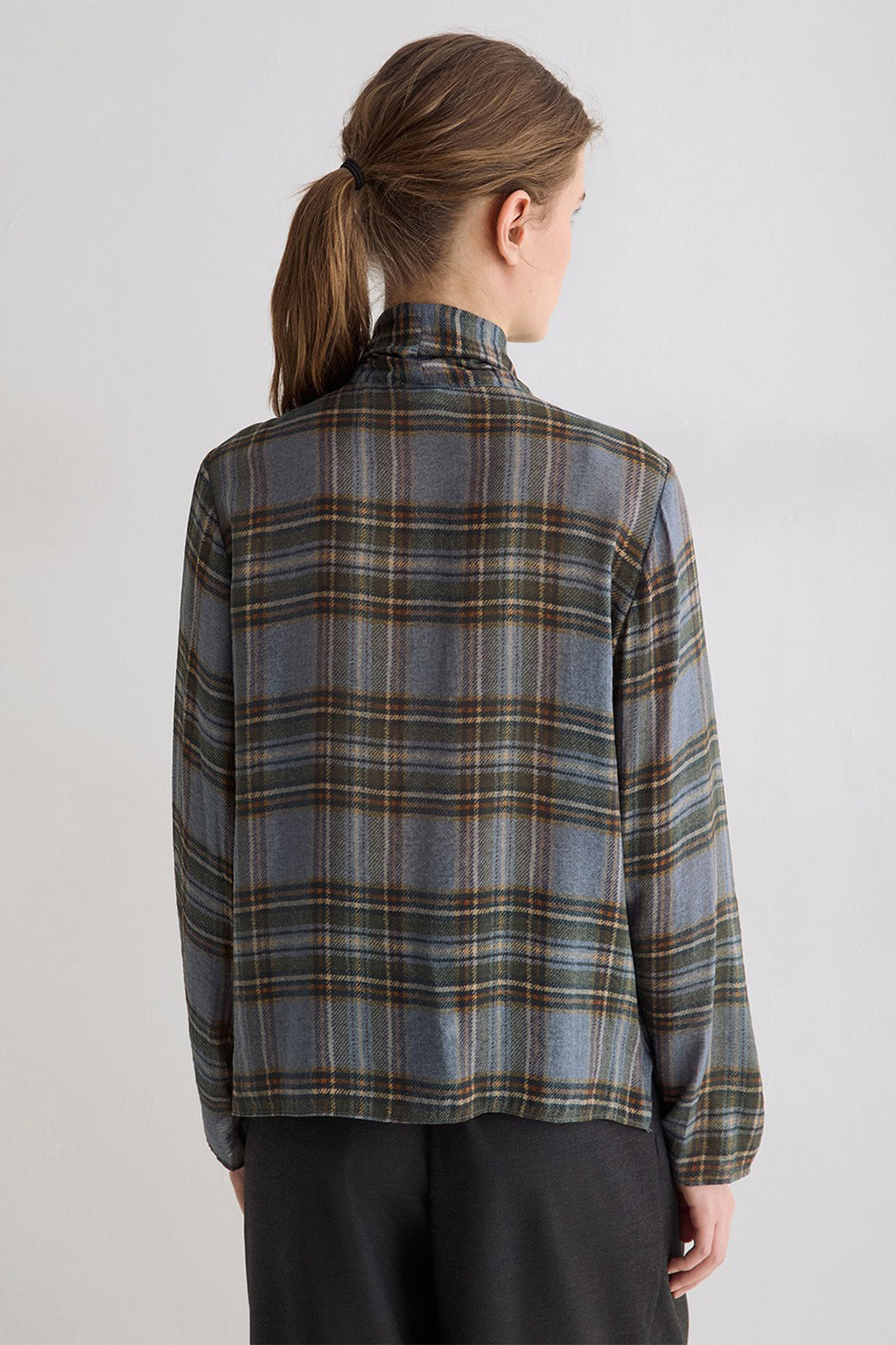Yerse Newport Blue Check Tie Neck Top 45823, back view on model