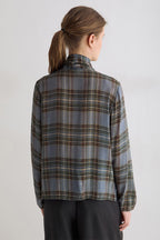 Yerse Newport Blue Check Tie Neck Top 45823, back view on model