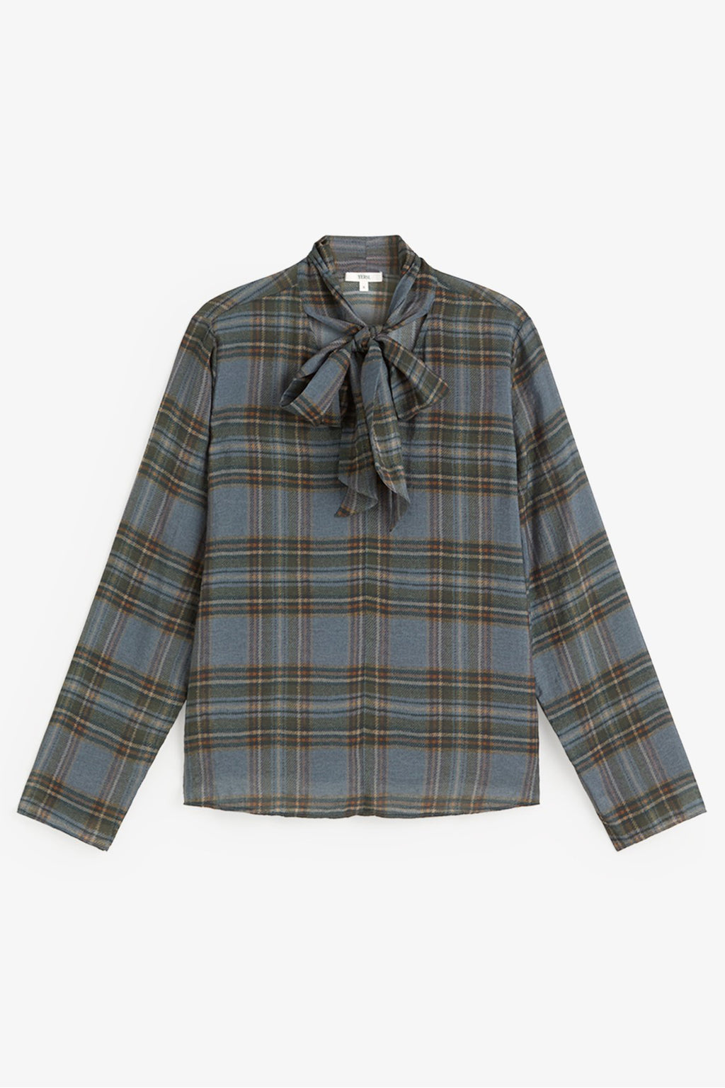Yerse Newport Blue Check Tie Neck Top 45823, front flat lay