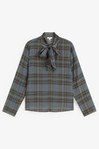 Yerse Newport Blue Check Tie Neck Top 45823, front flat lay